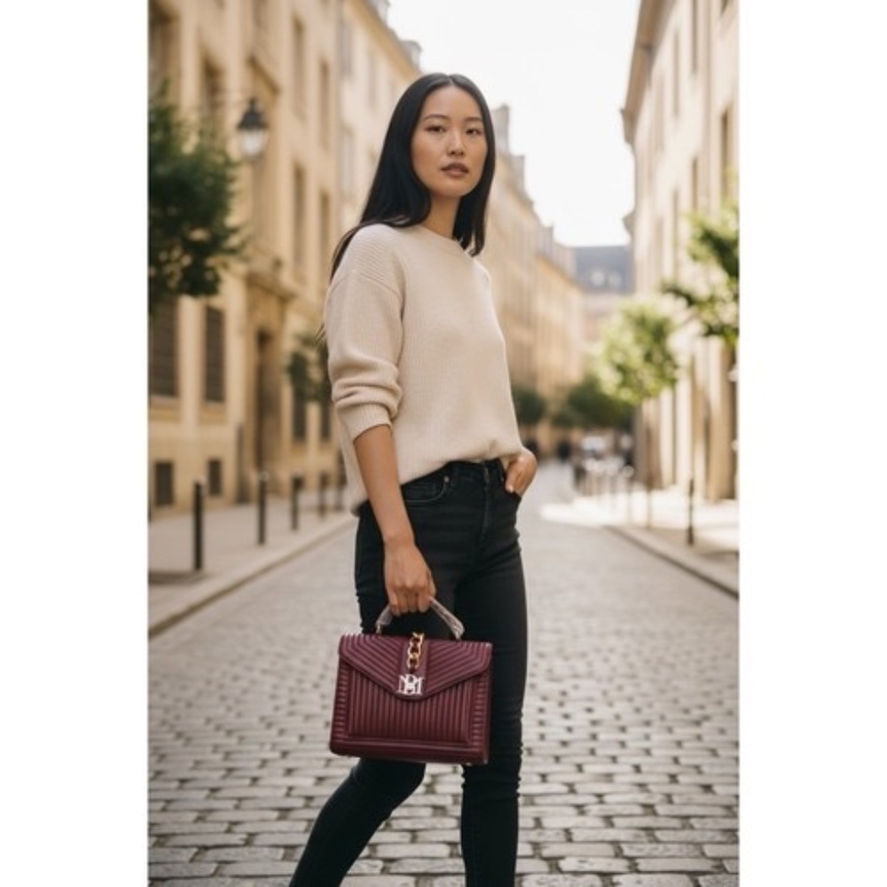 Badgley Mischka Wine Quilted Crossbody Bag with Chain Vegan Leather $179 - Picture 4 of 13
